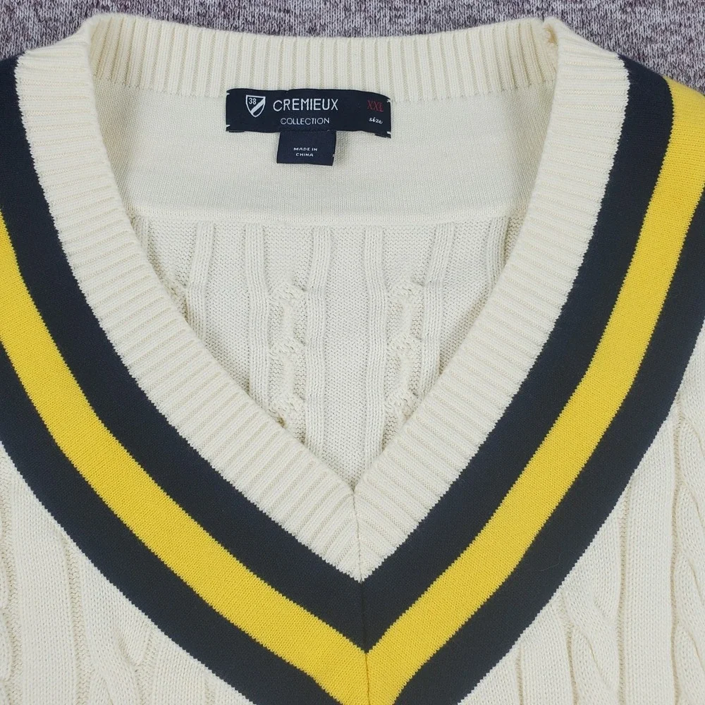Cremieux Sweater Vest Men Sz XXL Ivory Navy Cable Knit V-Neck Golf Tennis Club - Picture 3 of 8